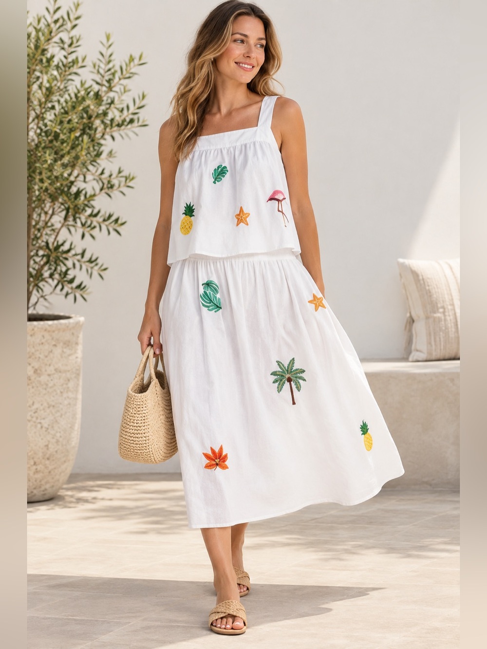 NWT Free Assembly White Tropical Cotton Embroidered Two-Piece Skirt Set Size XXL